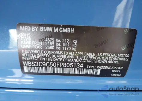 2015 BMW M3 z USA, uszkodzony, nr VIN WBS3C9C50FP805134